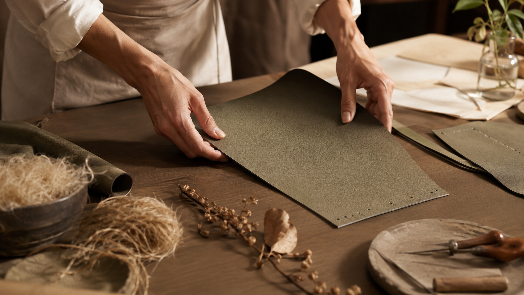 handbag craftsperson working with next-gen textile, artisan new light