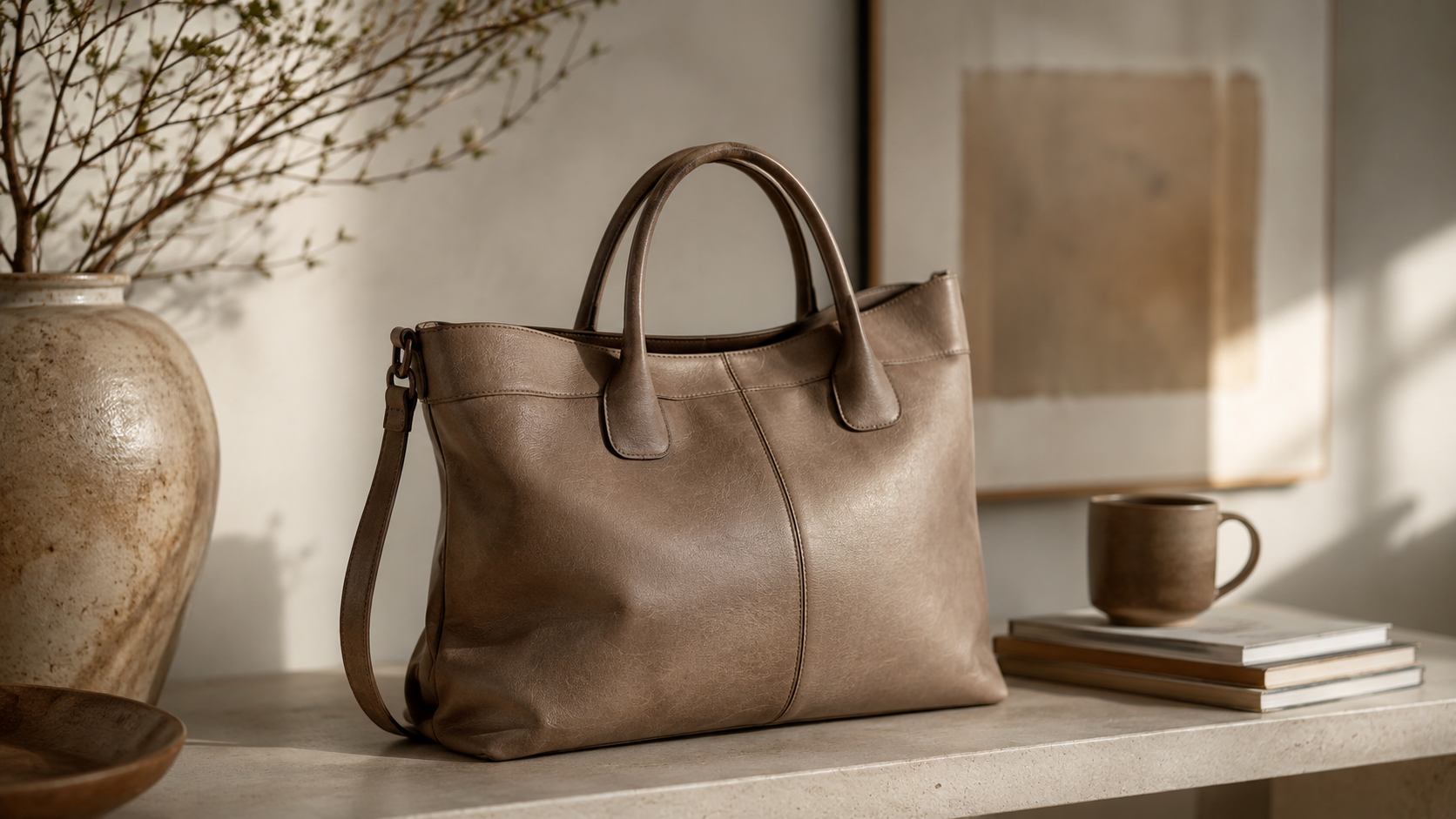 modern luxury handbag with bio-based materials, emotional durability daily carry